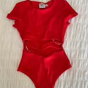 Red Princess Polly cross-front bodysuit, size 2
